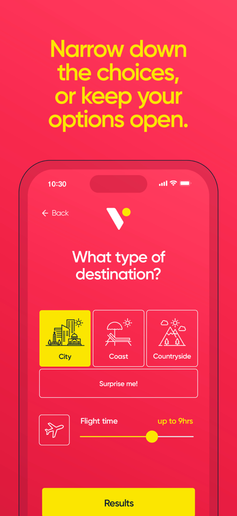 Vacay Weather - Pantalla de la aplicación Vacay Weather que muestra filtros para tipos de destino como Ciudad Costa o Campo y un control deslizante de tiempo de vuelo