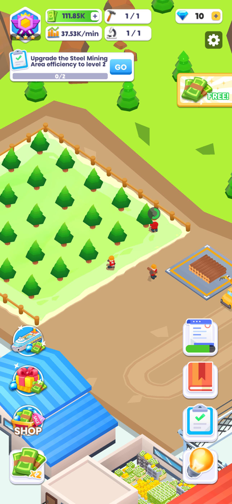 Ship Factory Tycoon - Ship Factory Tycoon gameplay showing workers collecting wood in a shipyard forest area