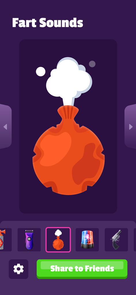 Fart sounds feature screen with a whoopee cushion illustration in the Air Horn and Fart Sounds Prank app.