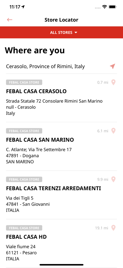 Store Locator-Bildschirm der Febal Casa App mit einer Liste von Möbelausstellungsraum-Standorten mit Adressen und Entfernungen.