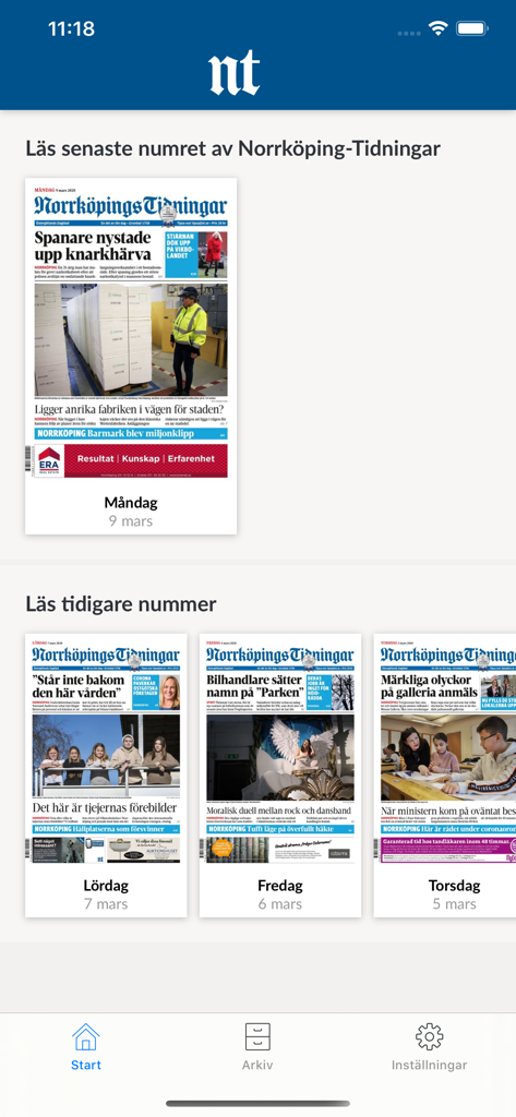 E-tidning NT - Interfaz de la aplicación móvil E-tidning NT que muestra portadas de periódicos digitales de Norrkoping Tidningar.