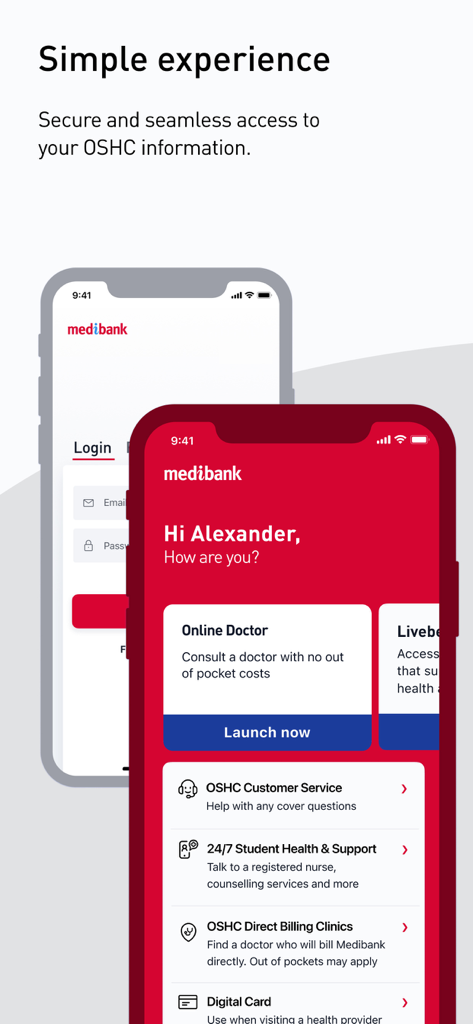 Medibank OSHC app interface showing health support services and digital dashboard for international students