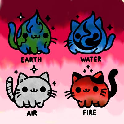 4 cats that represent the different elements, earth, water, air, and fire
