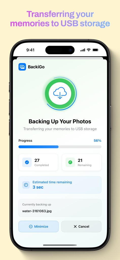 BackiGo - BackiGo 앱 인터페이스, USB 저장소로의 사진 백업 진행률 표시