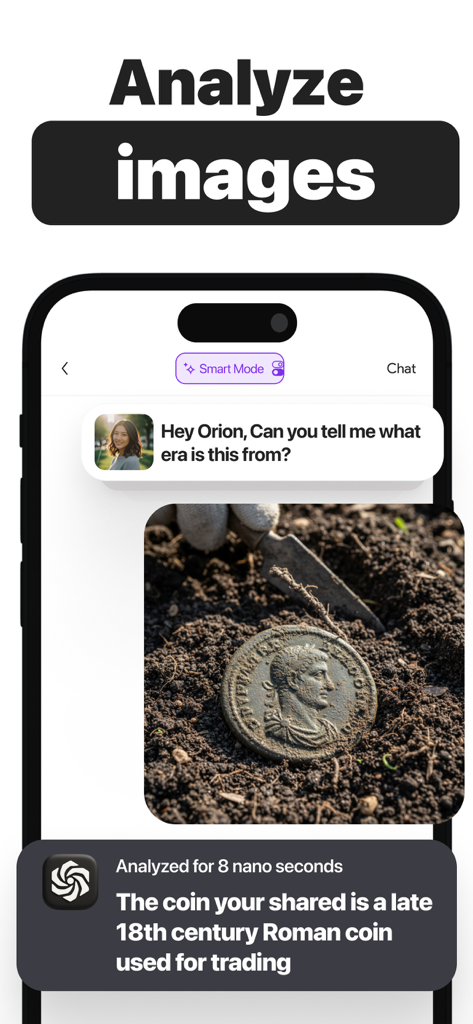 Orion AI - Chatbot Assistant - Orion AI app interface showing image recognition of a Roman coin in chat