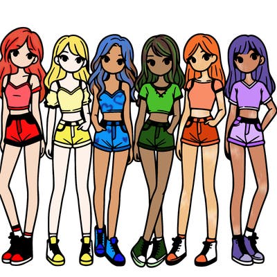 a group of girls wearing crop tops and shorts
