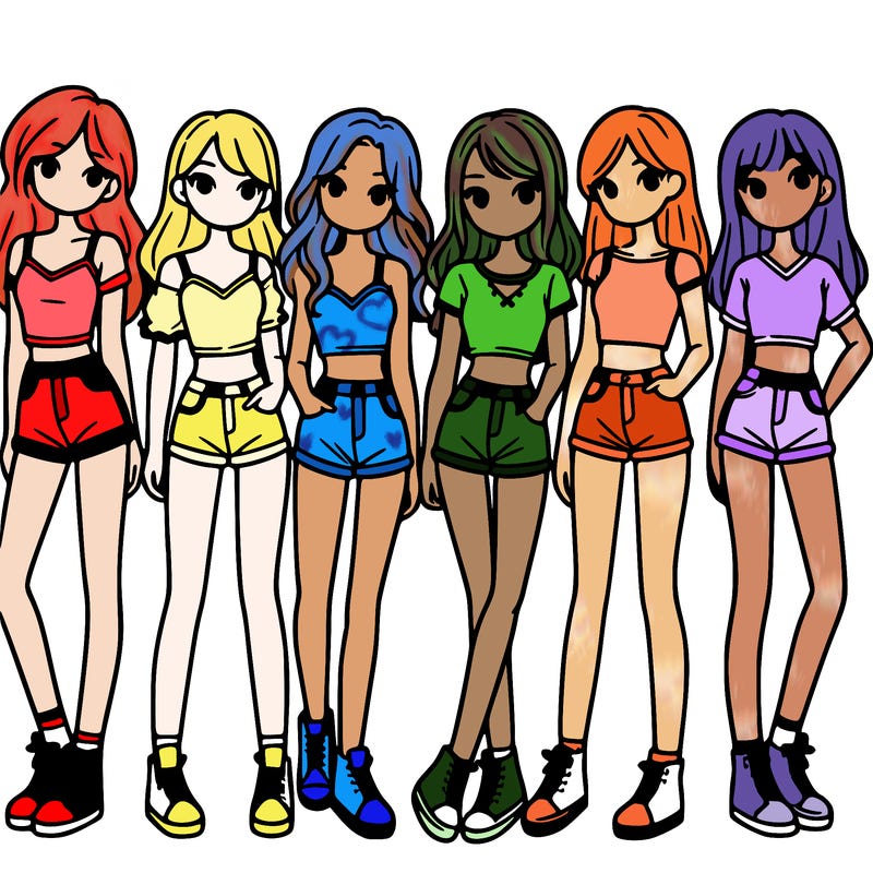 a group of girls wearing crop tops and shorts