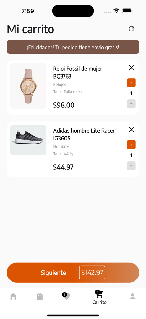 Ecuadelivery - Warenkorb der Ecuadelivery App mit einer Fossil-Uhr und Adidas-Sneakern