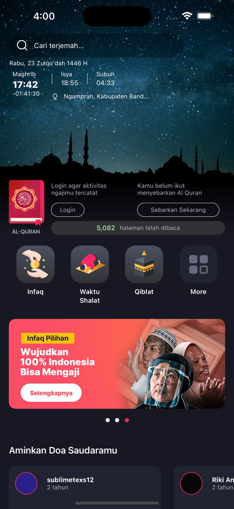 Quran Best Indonesia - Home screen of the Quran Best Indonesia app featuring prayer times, qibla direction, and Quran reading sections in Indonesian language.