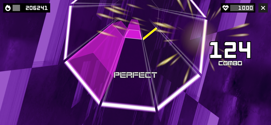 Une capture d'écran du gameplay de Sonolus montrant une interface de jeu de rythme violette avec un message de réussite parfaite et un compteur de combo de cent vingt-quatre.