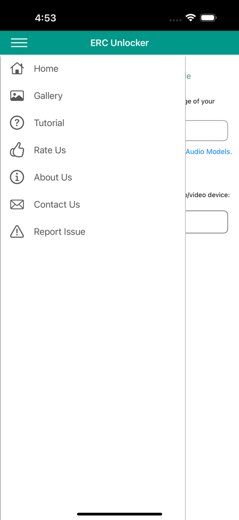 ERC Unlocker mobile app side navigation menu with home gallery and tutorial options