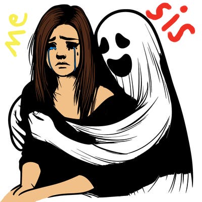 realistic girl crying but a ghost is huging her