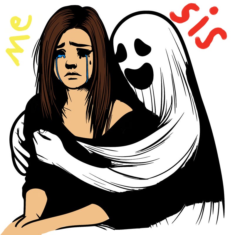 realistic girl crying but a ghost is huging her