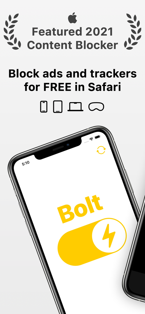 Bolt app interface on iPhone for blocking ads and trackers in Safari