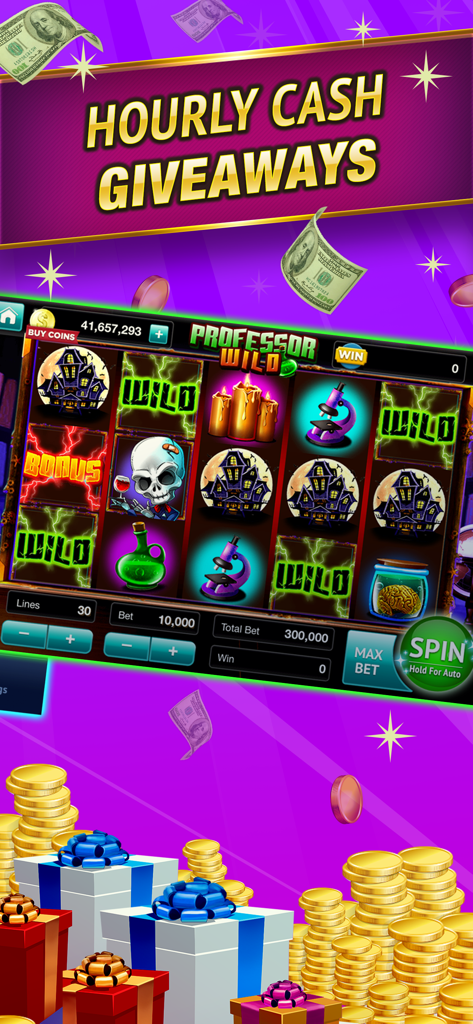 SpinToWin Slots & Sweepstakes - Mobile game screenshot of SpinToWin Slots featuring the Professor Wild themed slot machine and hourly cash giveaways headline.