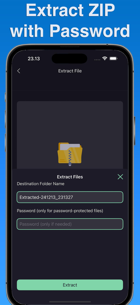 ZIP Extractor・Unzip・Opener - Interface for extracting password protected zip files with folder naming and password input fields