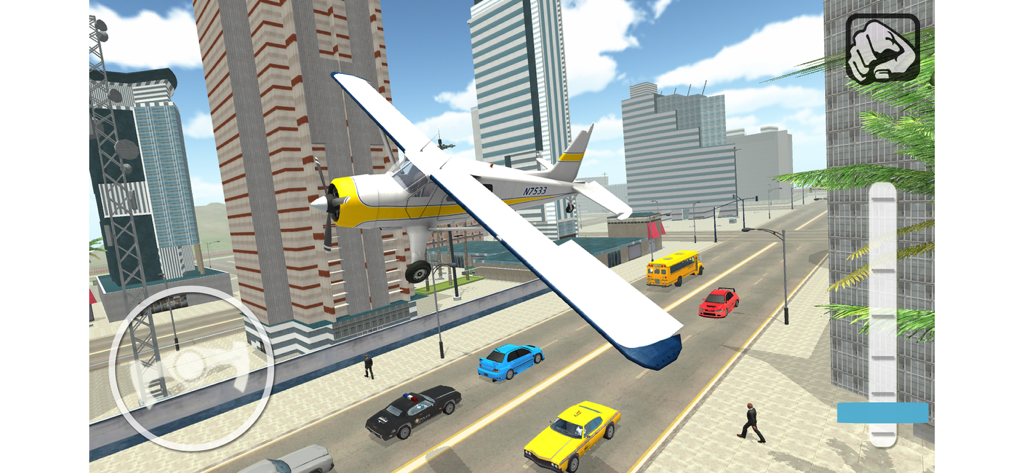Un pequeño avión blanco y amarillo volando bajo sobre una calle de la ciudad con coches y rascacielos