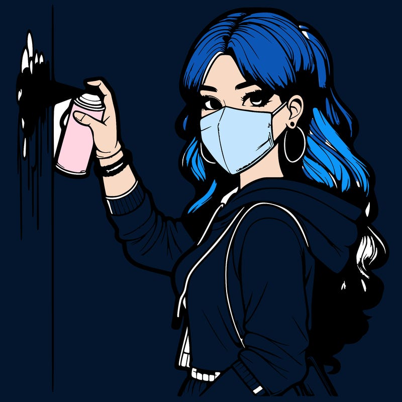 realistic girl with mask spray painting a wall