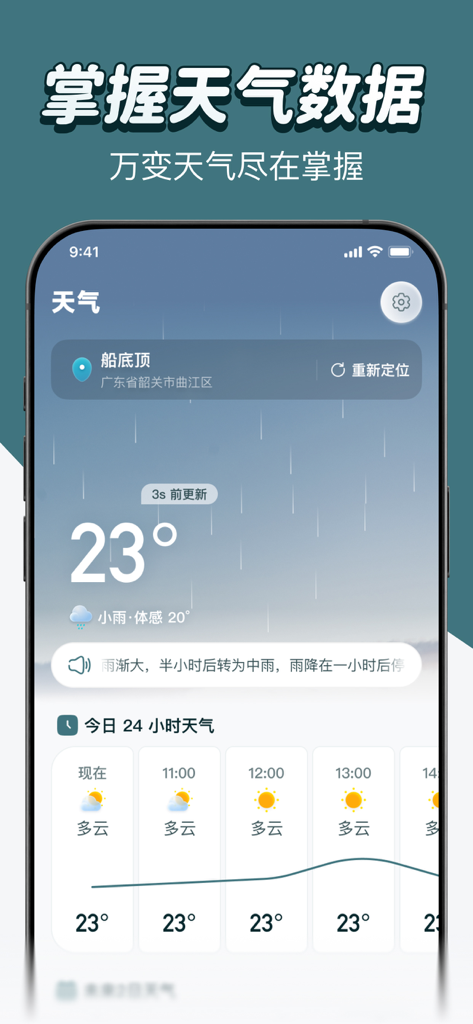 Interfaz meteorológica de la aplicación High-Precision Compass Pro que muestra la temperatura en tiempo real y un pronóstico de 24 horas.