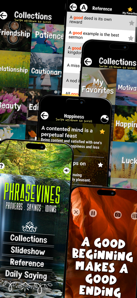 Interface of the Proverbs and Phrases Collection app displaying wisdom quotes and categories over scenic backgrounds.