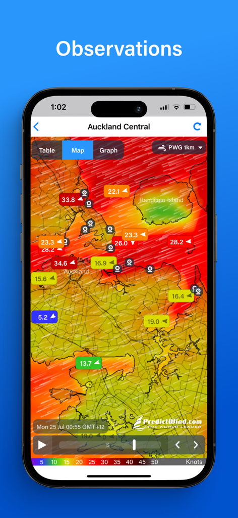 PredictWind — Marine Forecasts - PredictWind app screen showing live wind observations on a marine weather map.
