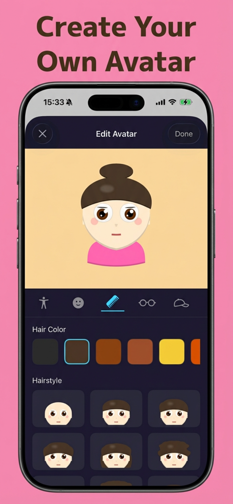 UNCHIKUN Poop Tracker - A mobile interface for creating a personalized avatar in the UNCHIKUN app featuring various hair color and style options.