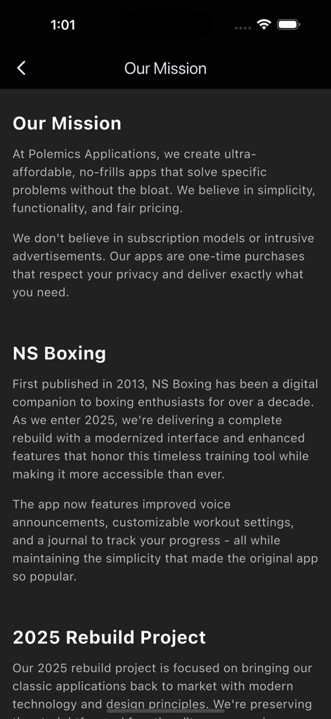 NS Boxing - Our Mission screen for the NS Boxing app highlighting the 2025 rebuild and developer philosophy