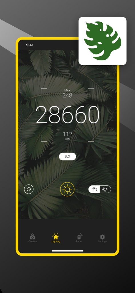 Lux Light Meter for Mobile - Lux Light Meter app interface displaying a measurement of 28660 lux over a tropical plant background