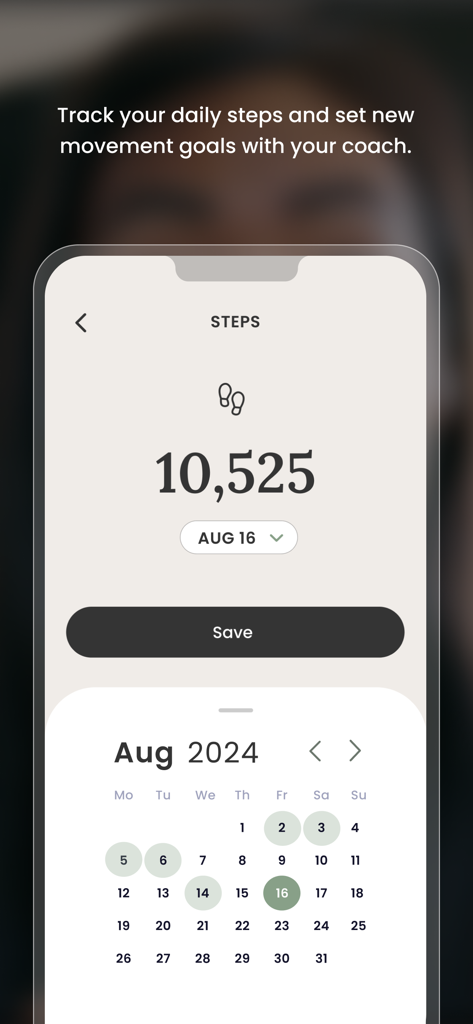 Noble. - Noble app screenshot showing a daily step counter of 10,525 and a monthly activity calendar for tracking movement goals.