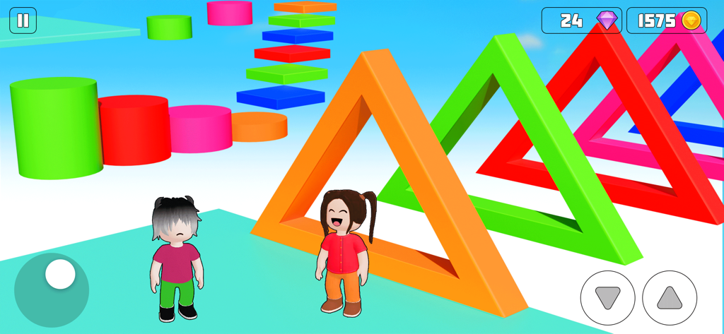 Obby Fun Parkour Race Games - Dos personajes en un curso de obstáculos 3D colorido con escalones flotantes y arcos triangulares