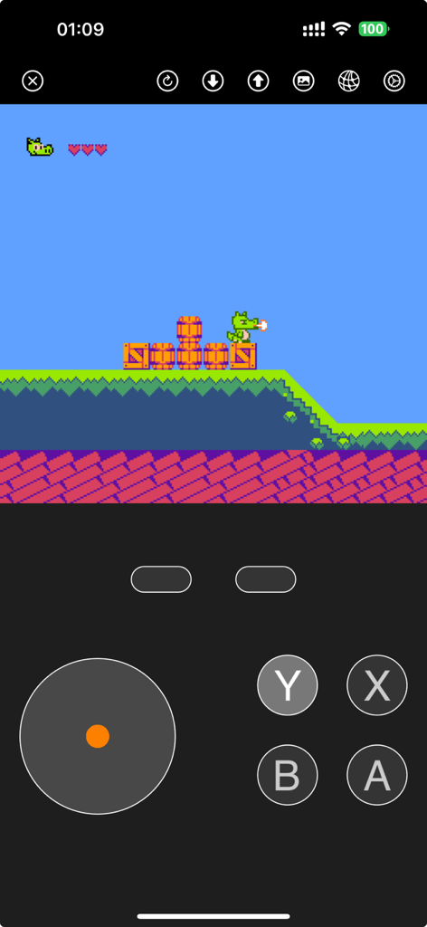 Handheld Game - NES Emulator - iPhone screen showing an 8 bit retro platformer game with virtual NES controls including an 8 way directional pad and turbo buttons