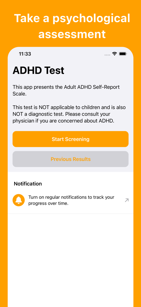 Schermata iniziale dell'app ADHD Test per adulti che mostra il pulsante 'Inizia lo screening'.