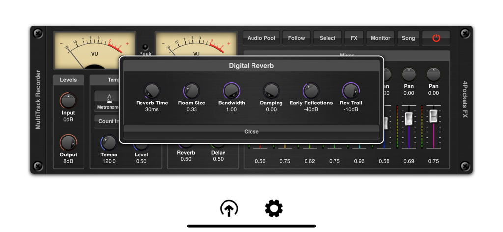 Interface of MultiTrack Recorder Plugin showing the Digital Reverb settings window and mixer controls