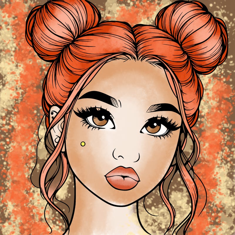 realistic girl with two buns on her hair and lips