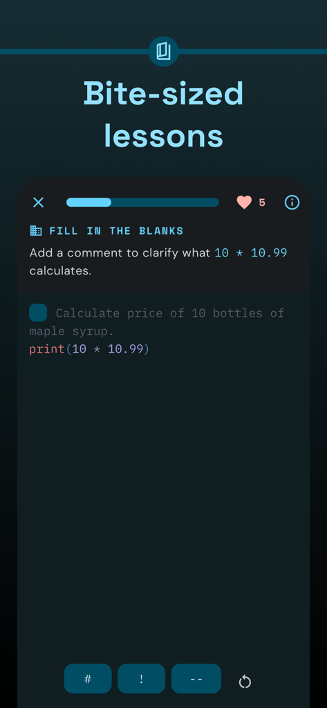 Lección interactiva de programación Python en la app móvil Encode mostrando un desafío de completar los espacios en blanco.