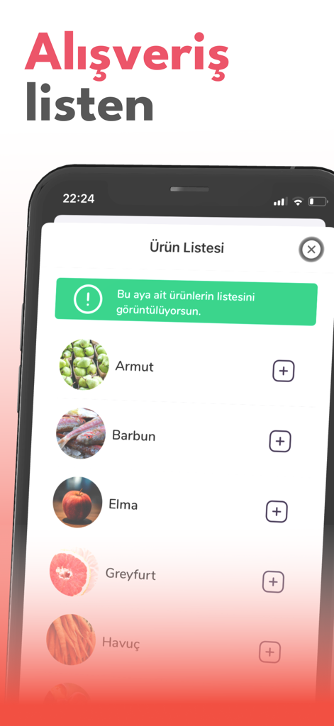 Mobile app screen showing a list of seasonal produce like pears and apples for a healthy grocery shopping list.