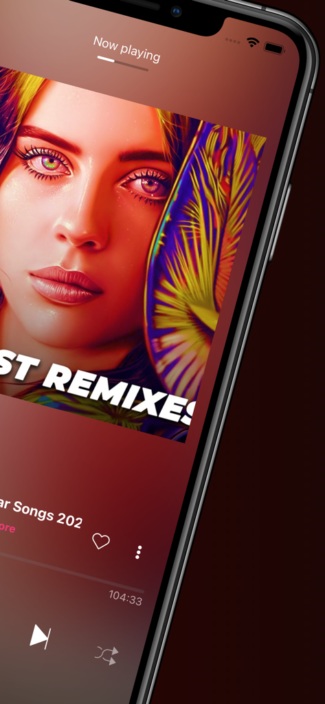 YoMuzik - Music Streaming - YoMuzikモバイルアプリの再生画面。カラフルなリミックスアルバムカバーと音楽コントロールを特徴とする。