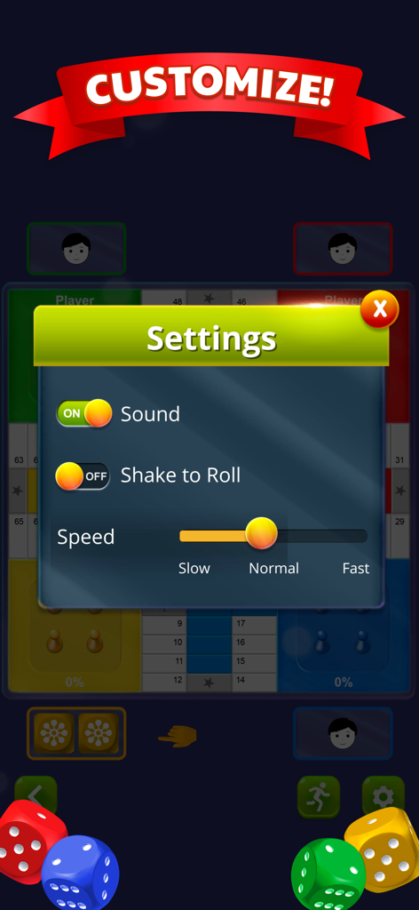 Menú de configuración en la aplicación Parchís mostrando opciones de sonido, agitar para lanzar y velocidad del juego.