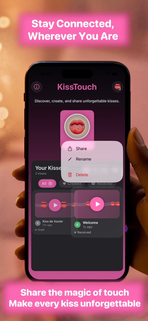 KissTouch : Couple Love App - KissTouch app interface showing a list of saved kisses with options to share rename or delete