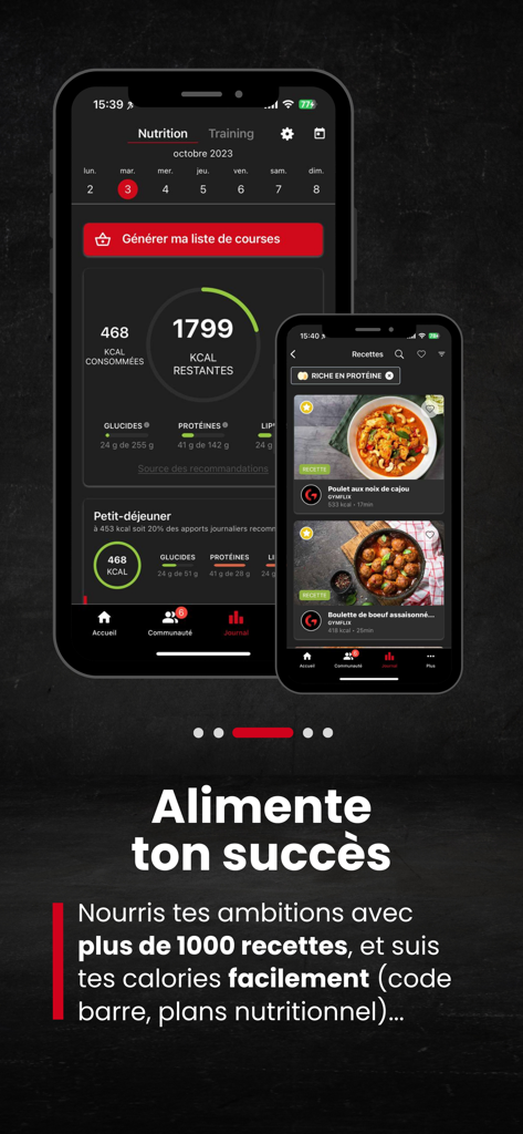 Gymflix - Fitness Workouts - Gymflix mobile app screens displaying nutrition goals calorie tracking and a list of healthy recipes