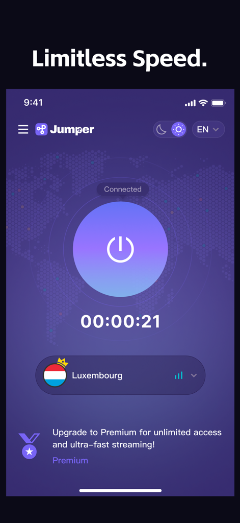 JumperVPN - Fast & Secure VPN - JumperVPN mobile app dashboard showing a successful connection to a Luxembourg server