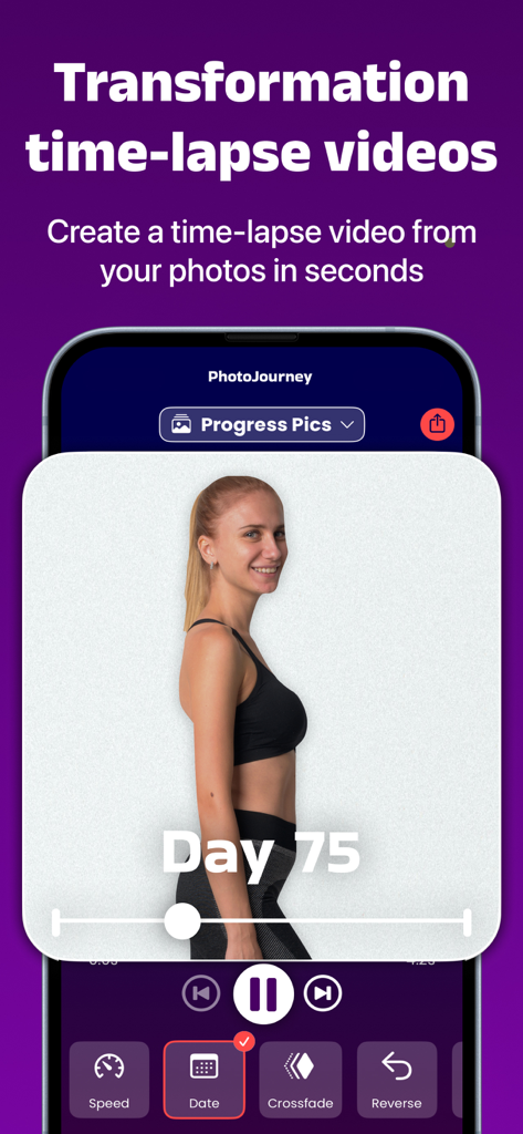 My Body Tracker: PhotoJourney - Interface of PhotoJourney app showing a time-lapse video of a woman's body transformation progress at day 75
