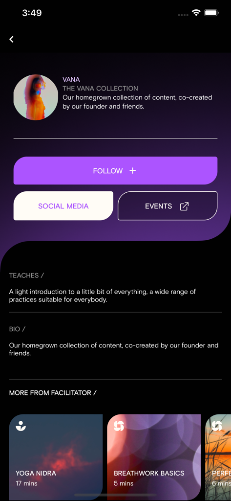VANA - VANAアプリのインターフェース。ヨガニドラとブレスワークセッションを含むVANAコレクションのプロフィールが表示されています
