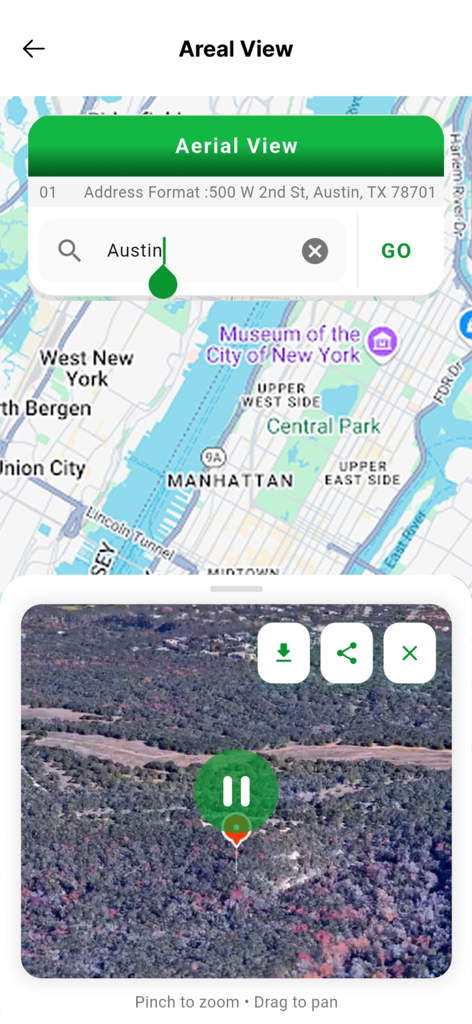 Interfaz de aplicación móvil que muestra una vista de mapa aéreo en 3D de un paisaje con herramientas de búsqueda y navegación.