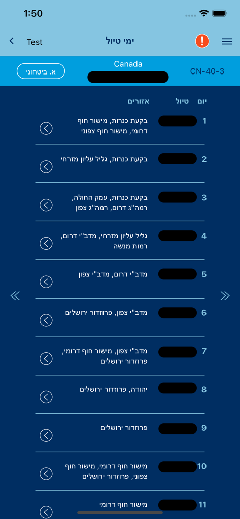 A mobile app screen displaying a numbered list of trip days and tour regions in Hebrew for group staff
