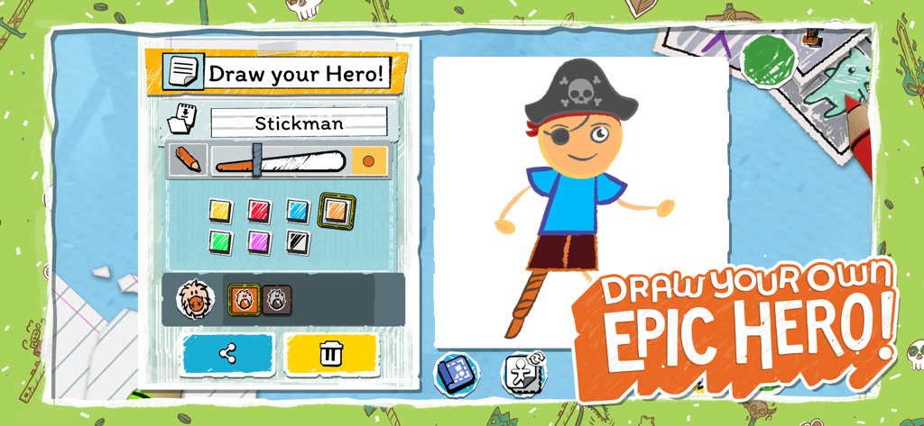 Draw a Stickman: EPIC 3 - The character creation screen in Draw a Stickman EPIC 3 showing a pirate stickman hero