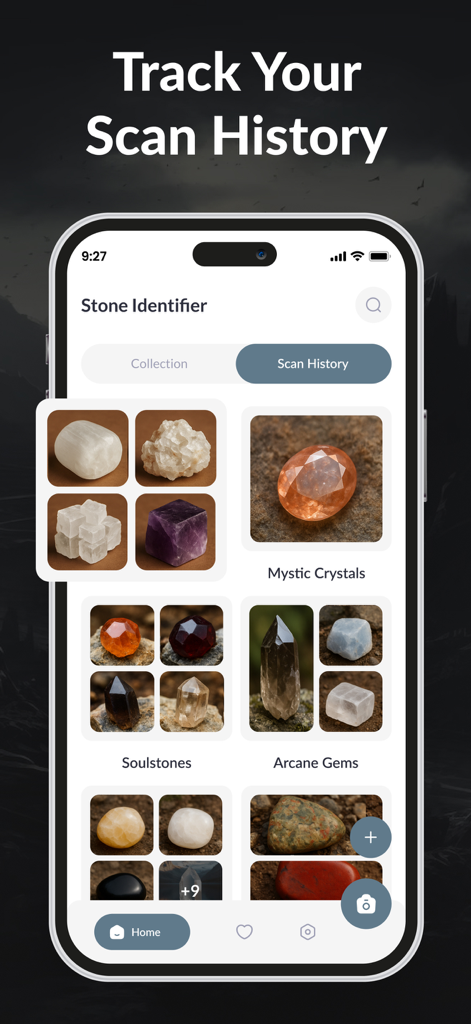 Stone Identifier ⁃ Rock Finder - Stone Identifier app scan history screen showing various identified rocks and crystals