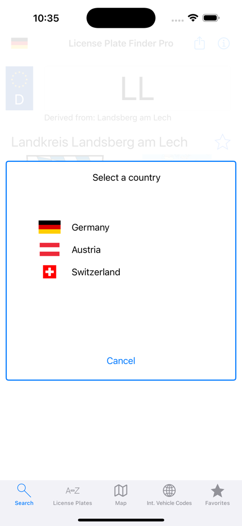 License Plate Finder - Menu di selezione del paese con opzioni per Germania, Austria e Svizzera
