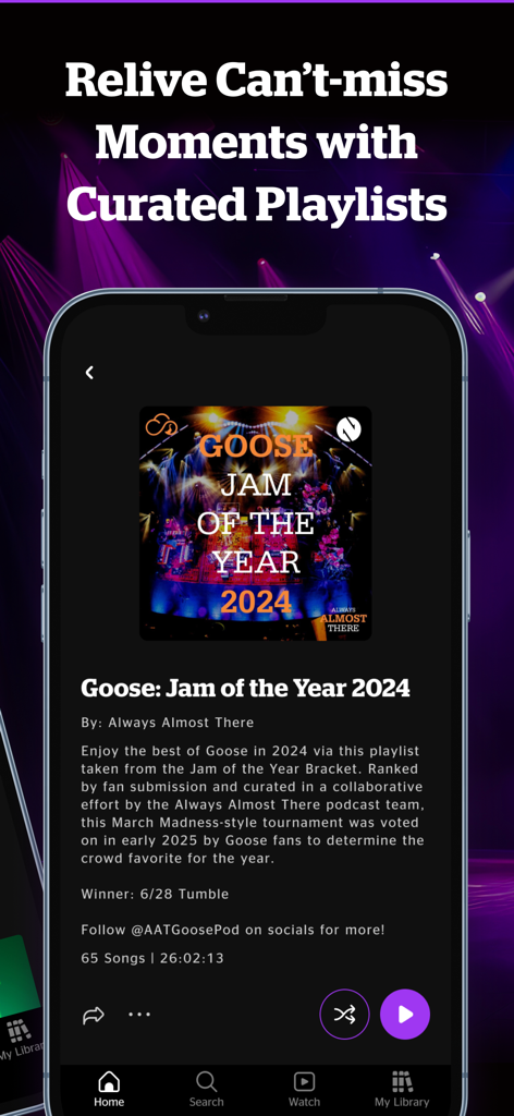 nugs: Live Music Lives Here - nugs app screenshot showing a curated live music playlist for the band Goose