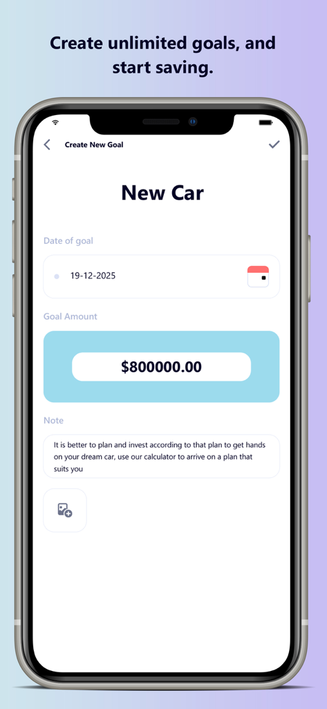 Savings Goal: Piggy Bank - Mobile app screen for creating a new savings goal titled New Car with target amount and date